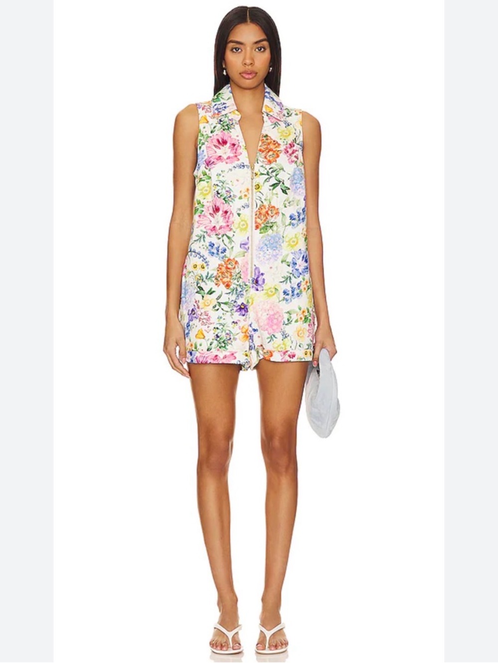 Show Me Your MuMu Floral Sleeveless Zip Romper in White with Multicolor Flowers